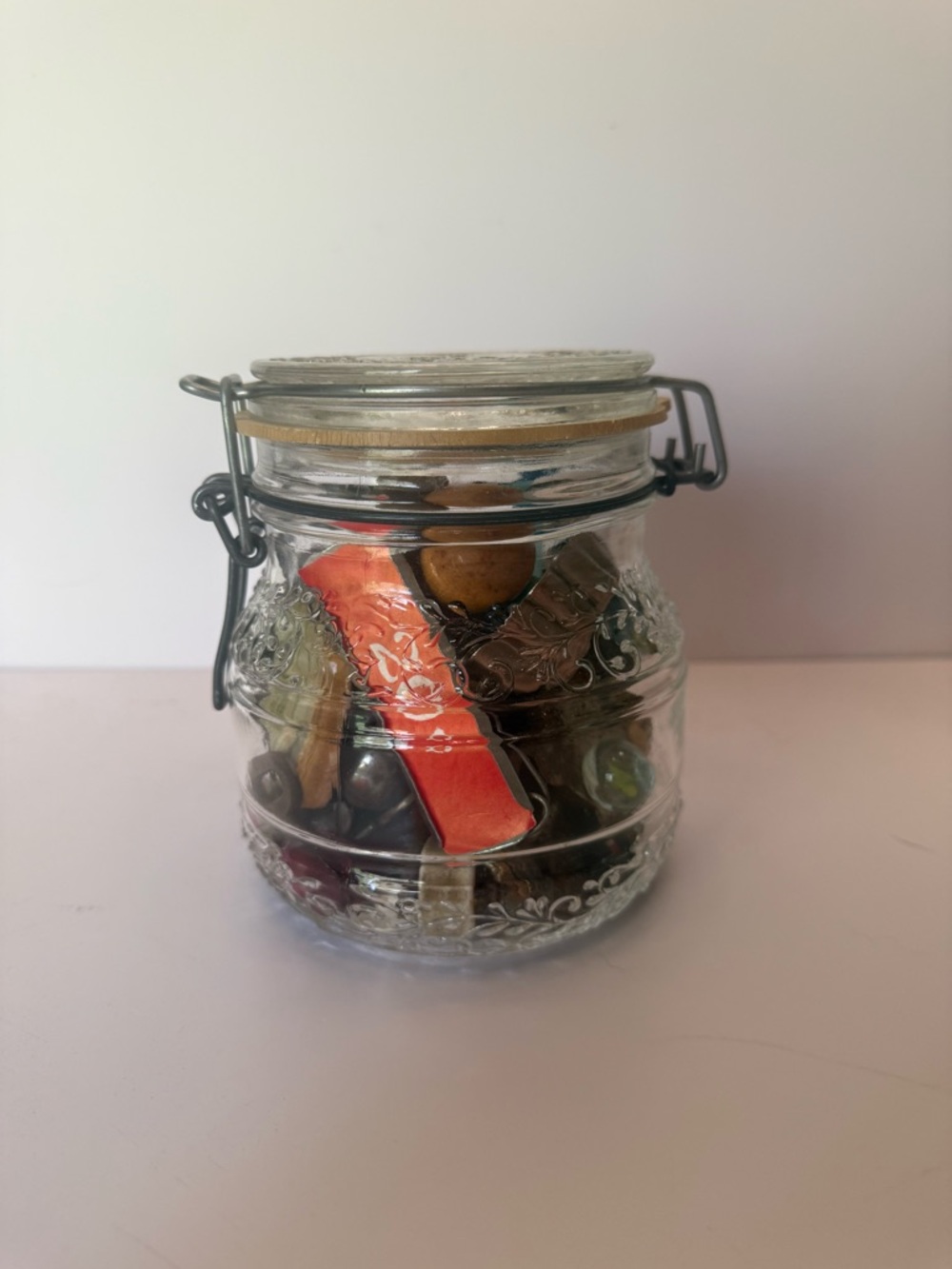 Vintage Floral Cove Glass Wire Bale Hinge Jar Filled with Junk Drawer Treasure